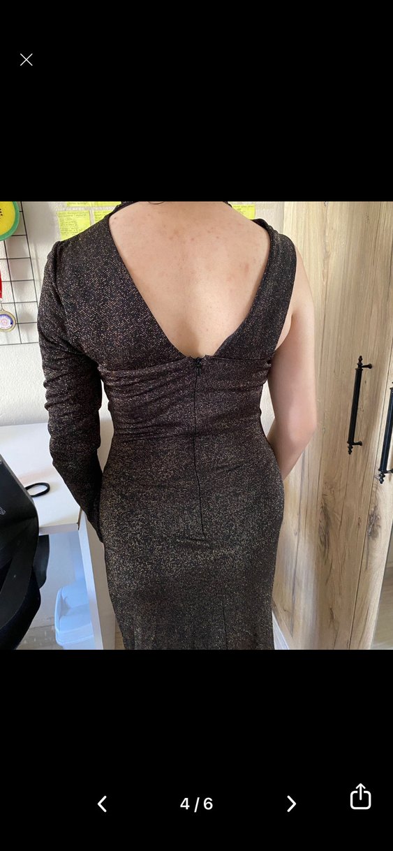 Kahverengi Drapeli Uzun Kollu V Yaka Abiye Elbise - Görsel 2