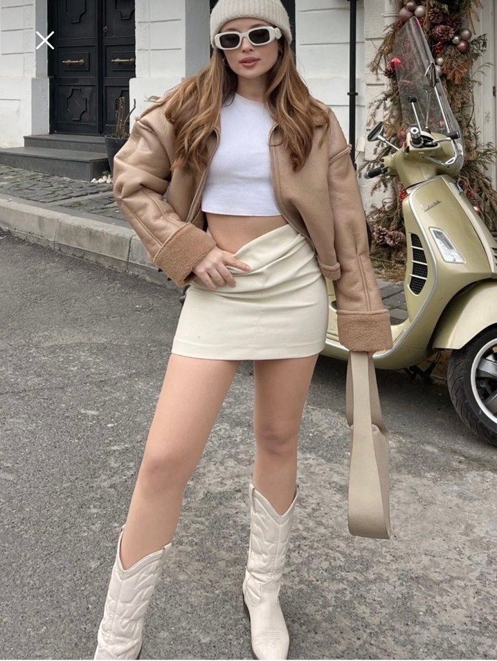 Kürklü Bej Deri Mini Ceket - Görsel 2