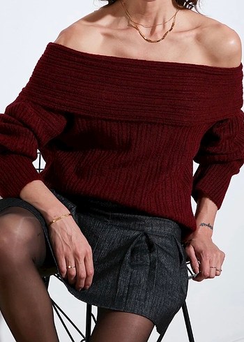 Bordo Örgü Kayık Yaka Kadın Kazak - Görsel 2