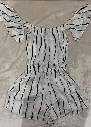 Kısa Kollu Zebra Desenli Keten Tulum - Görsel 2