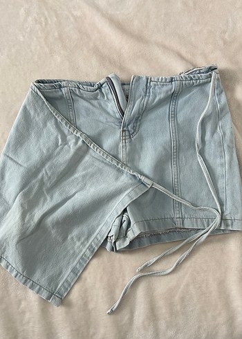 Kadın Mavi Mini Kot Şort Kemerli - Görsel 2