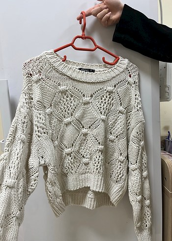 Bohem Örgü Beyaz Kadın Kazak - Görsel 2