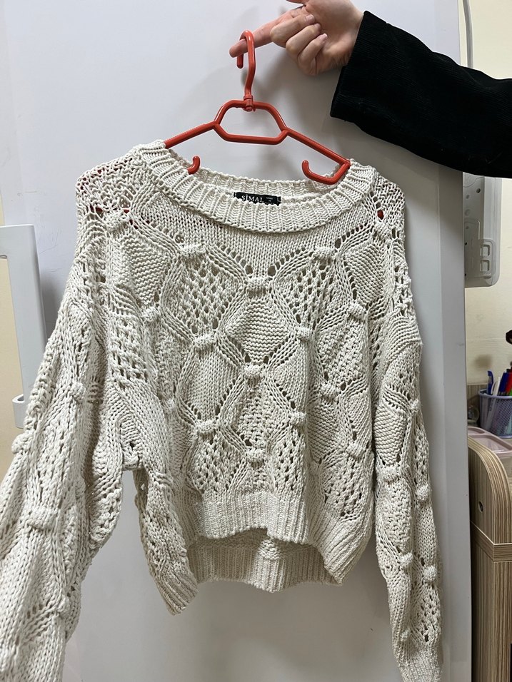 Bohem Örgü Beyaz Kadın Kazak - Görsel 2