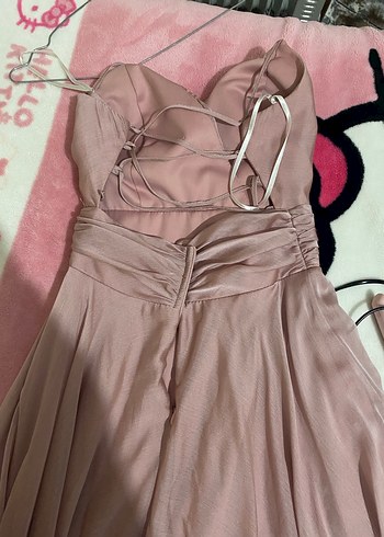 Bej Uzun Drapeli V Yaka Kadın Abiye Elbise - Görsel 6