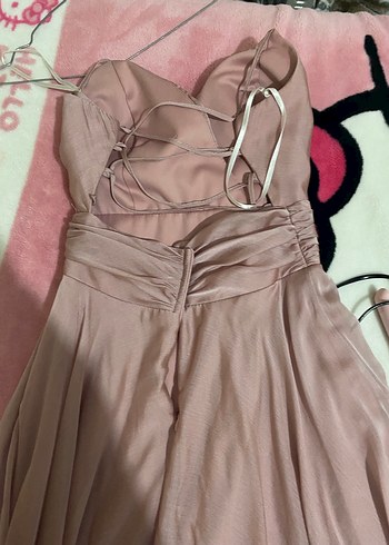 Bej Uzun Drapeli V Yaka Kadın Abiye Elbise - Görsel 4