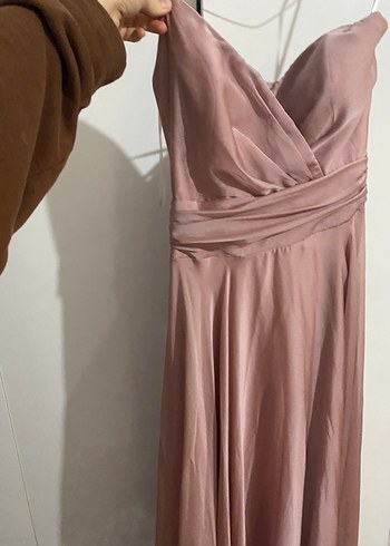 Bej Uzun Drapeli V Yaka Kadın Abiye Elbise - Görsel 3
