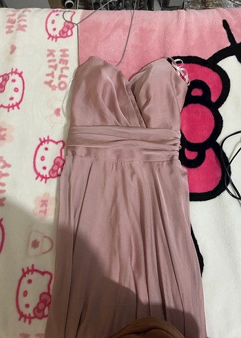 Bej Uzun Drapeli V Yaka Kadın Abiye Elbise - Görsel 5