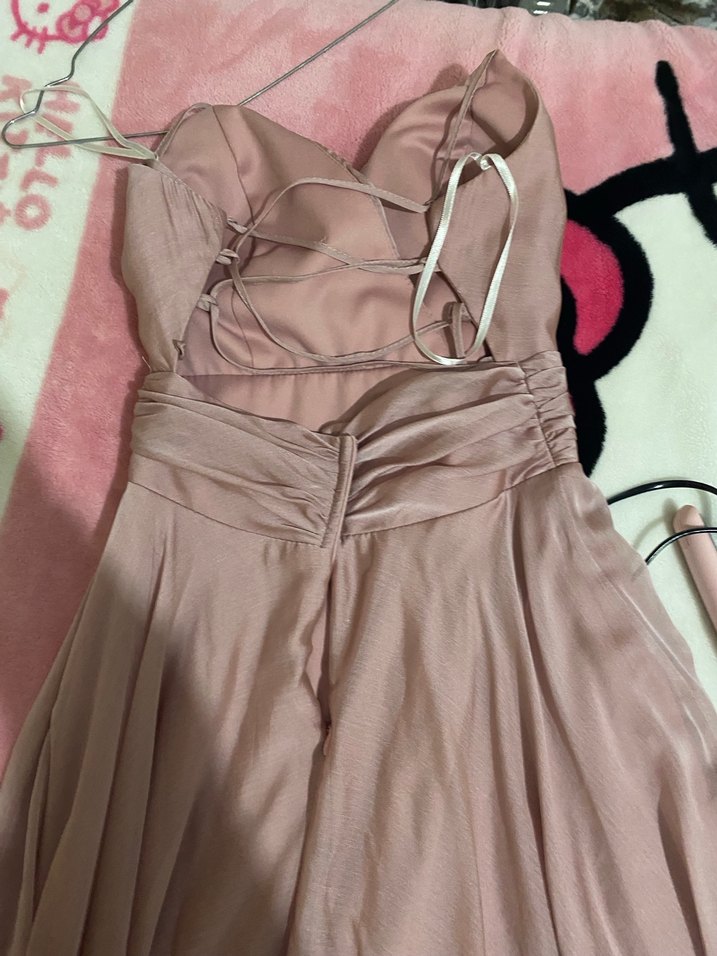 Bej Uzun Drapeli V Yaka Kadın Abiye Elbise - Görsel 4