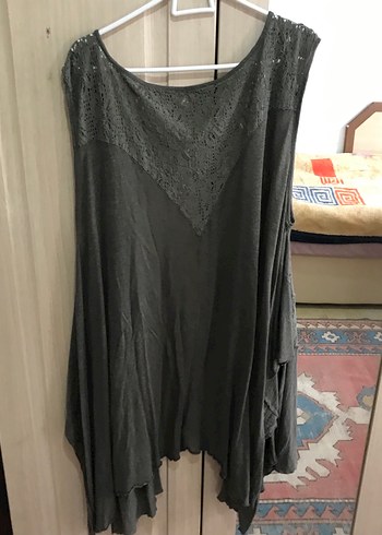 Bohem Gri Uzun Kolsuz Dantel detaylı Keten Yelek - Görsel 4