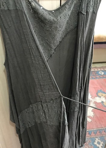 Bohem Gri Uzun Kolsuz Dantel detaylı Keten Yelek - Görsel 3