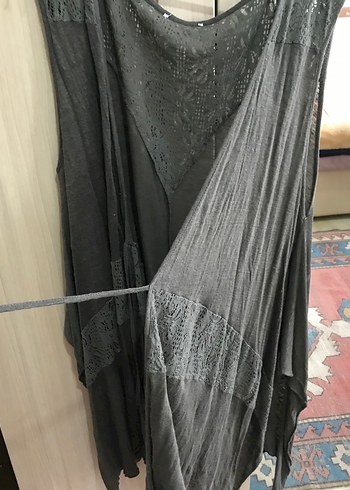 Bohem Gri Uzun Kolsuz Dantel detaylı Keten Yelek - Görsel 2