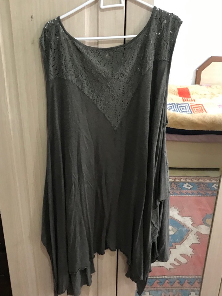 Bohem Gri Uzun Kolsuz Dantel detaylı Keten Yelek - Görsel 4