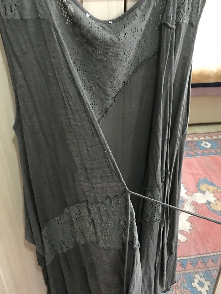 Bohem Gri Uzun Kolsuz Dantel detaylı Keten Yelek - Görsel 3