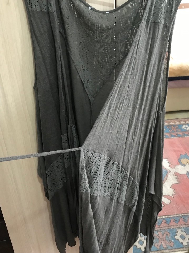 Bohem Gri Uzun Kolsuz Dantel detaylı Keten Yelek - Görsel 2