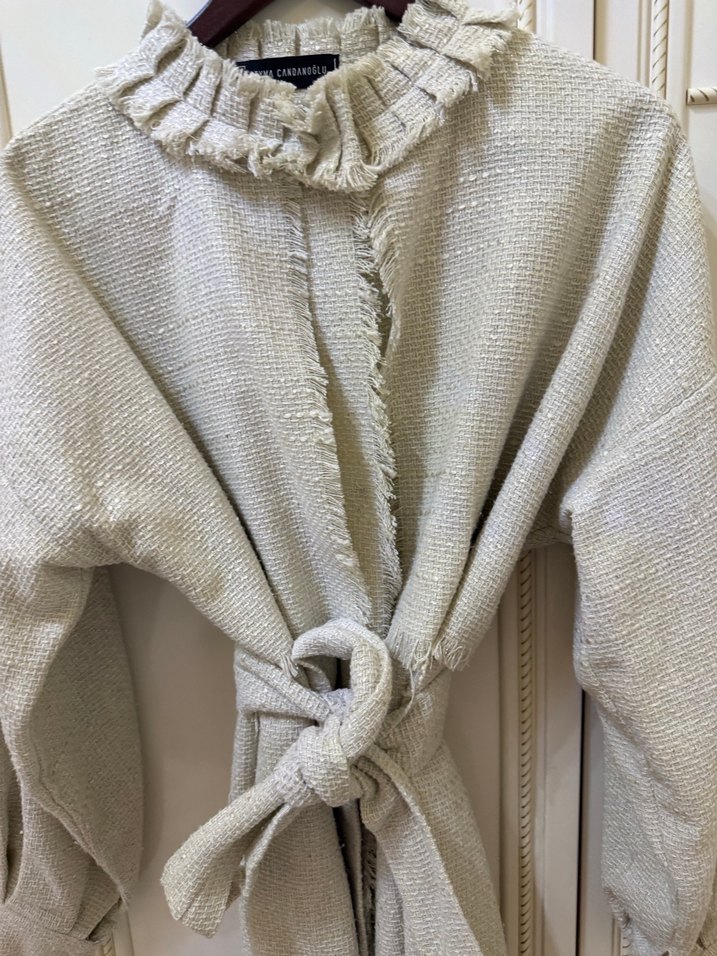 Uzun Kesim Kadın Keten Kaban - Görsel 3