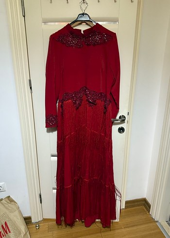 Kırmızı İşlemeli Uzun Kollu Abiye Elbise setrms 40/42 uyumlu - Görsel 6