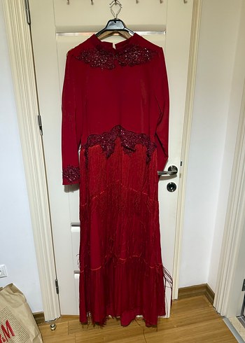 Kırmızı İşlemeli Uzun Kollu Abiye Elbise setrms 40/42 uyumlu - Görsel 7