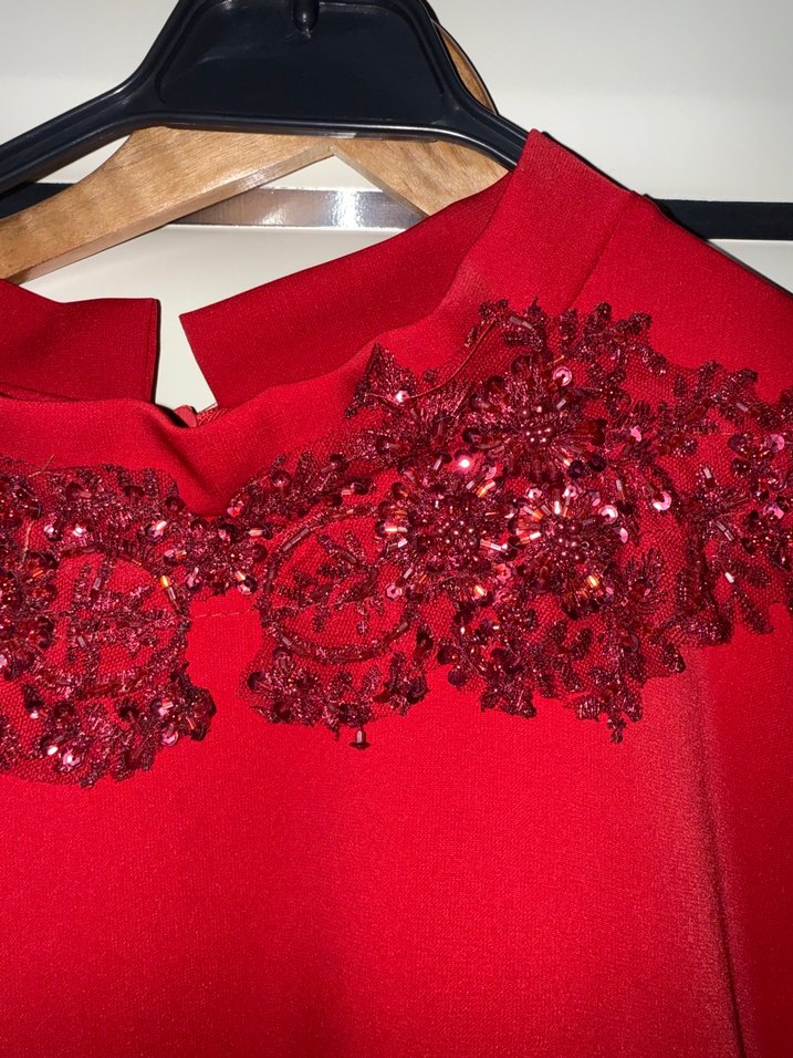 Kırmızı İşlemeli Uzun Kollu Abiye Elbise setrms 40/42 uyumlu - Görsel 2