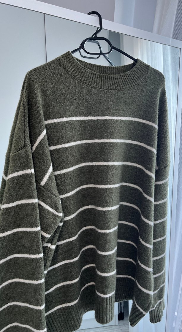 Yeşil Çizgili Örgü Kadın Kazak - Görsel 5