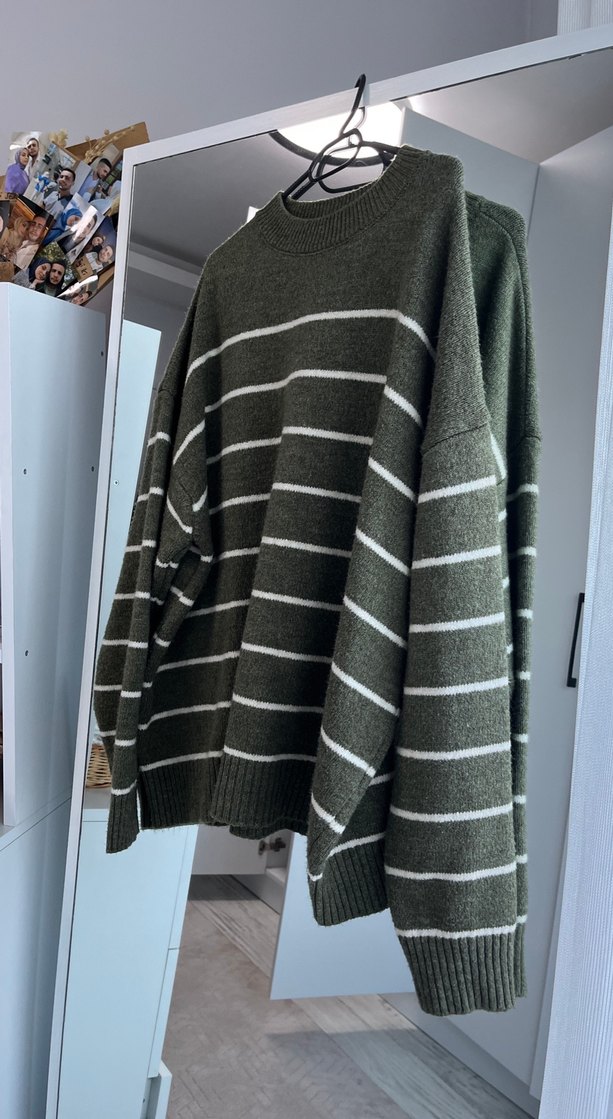 Yeşil Çizgili Örgü Kadın Kazak - Görsel 3