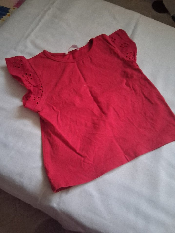 Kız Çocuk Kırmızı Fırfırlı Keten Tişört - Görsel 3