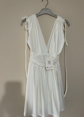 Beyaz  Mini Drapeli Elbise - Görsel 2