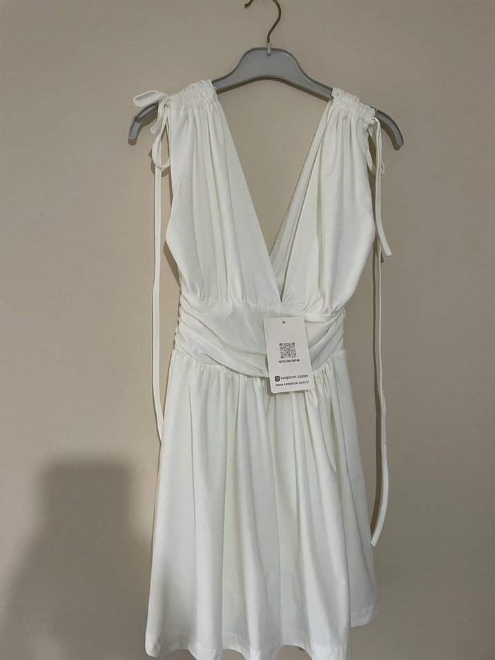 Beyaz  Mini Drapeli Elbise - Görsel 2