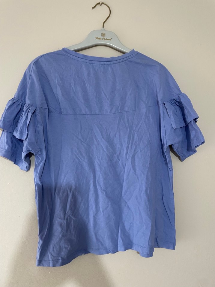 Mavi Fırfırlı Kısa Kollu Kadın Tişört - Görsel 3