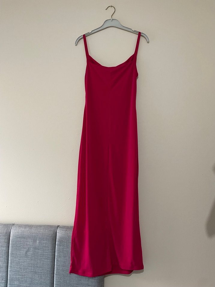 Fuşya Drapeli Uzun Saten Elbise - Görsel 2