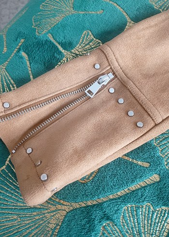 Bej Süet Kadın Biker Deri Ceket - Görsel 4