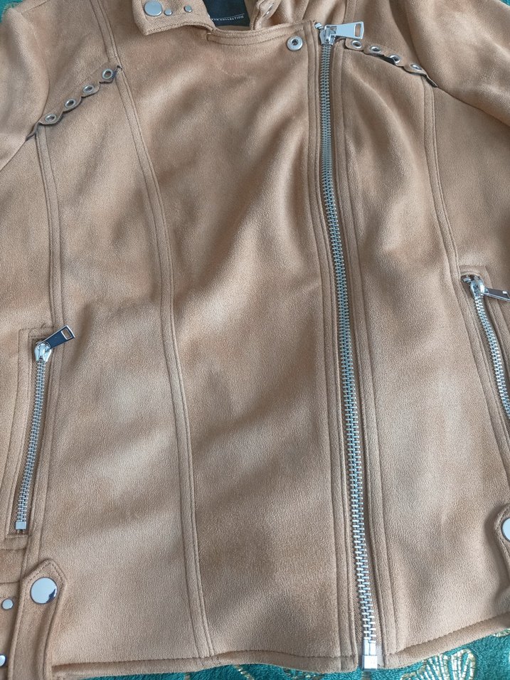Bej Süet Kadın Biker Deri Ceket - Görsel 2