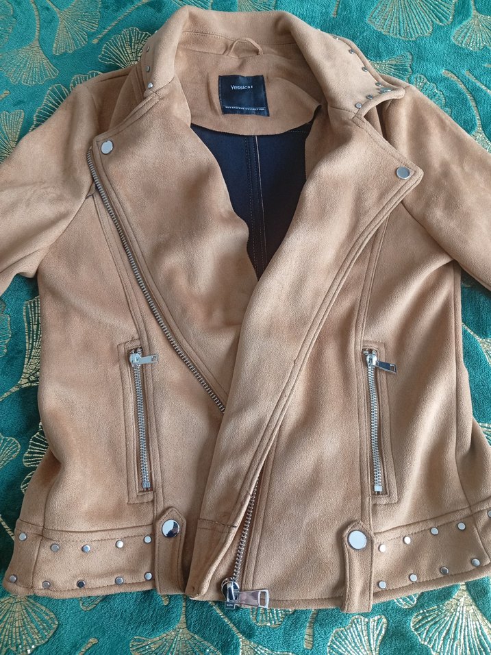 Bej Süet Kadın Biker Deri Ceket - Görsel 3