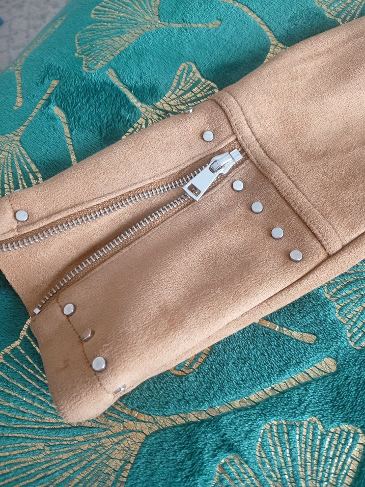 Bej Süet Kadın Biker Deri Ceket - Görsel 4