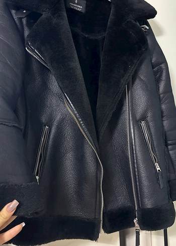 Siyah Kürklü Kadın Deri Biker Ceket - Görsel 4