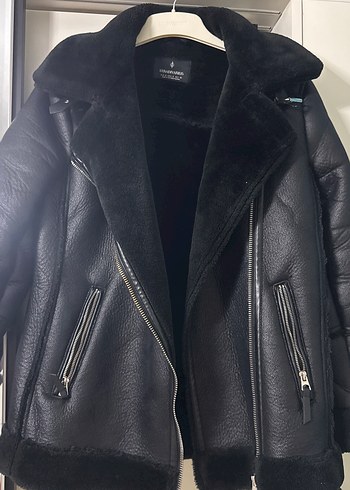 Siyah Kürklü Kadın Deri Biker Ceket - Görsel 2
