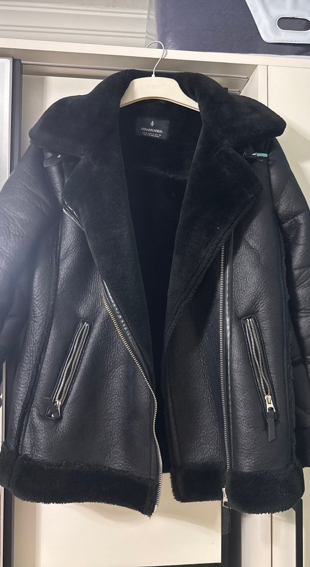Siyah Kürklü Kadın Deri Biker Ceket - Görsel 2