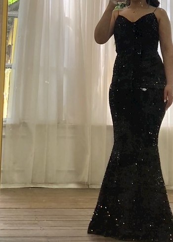 Siyah Parlak V Yakalı Midi Abiye Elbise - Görsel 3