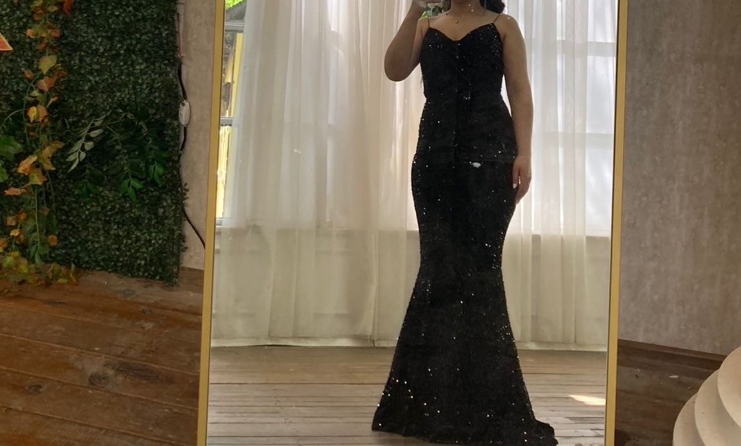 Siyah Parlak V Yakalı Midi Abiye Elbise - Görsel 3