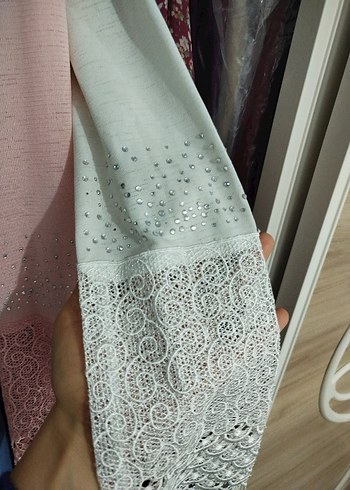 Dantel Detaylı Pembe -beyaz Kadın  sabahlık - Görsel 5