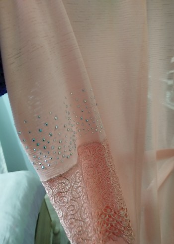 Dantel Detaylı Pembe -beyaz Kadın  sabahlık - Görsel 2