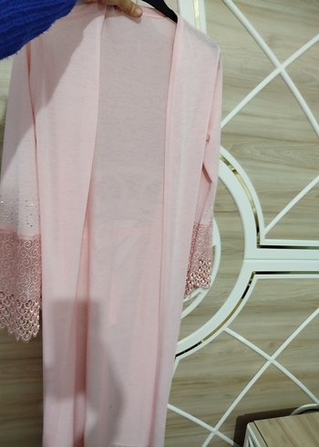 Dantel Detaylı Pembe -beyaz Kadın  sabahlık - Görsel 4