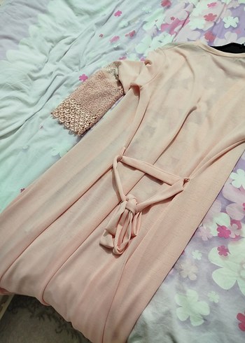 Dantel Detaylı Pembe -beyaz Kadın  sabahlık - Görsel 3