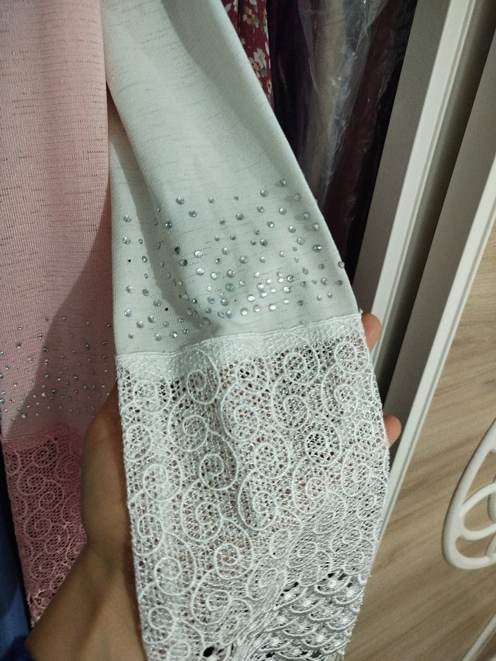 Dantel Detaylı Pembe -beyaz Kadın  sabahlık - Görsel 5