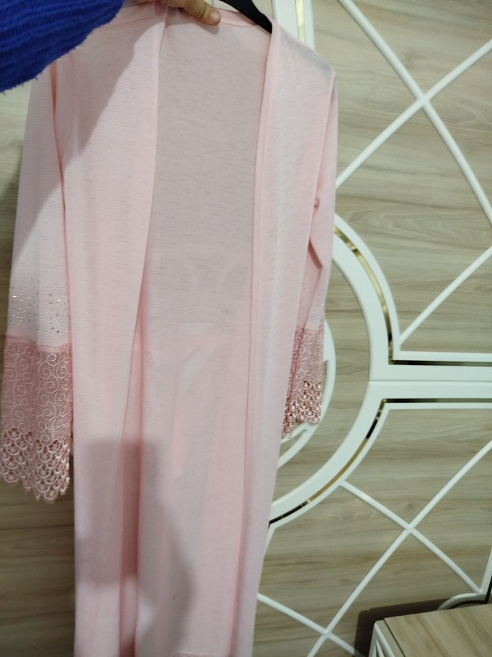 Dantel Detaylı Pembe -beyaz Kadın  sabahlık - Görsel 4