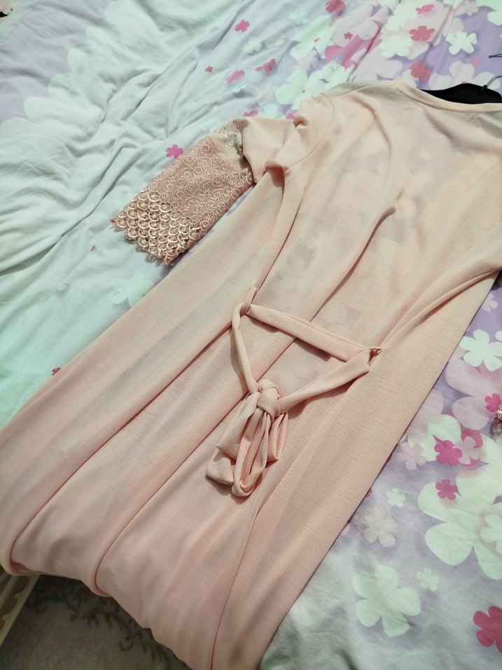 Dantel Detaylı Pembe -beyaz Kadın  sabahlık - Görsel 3