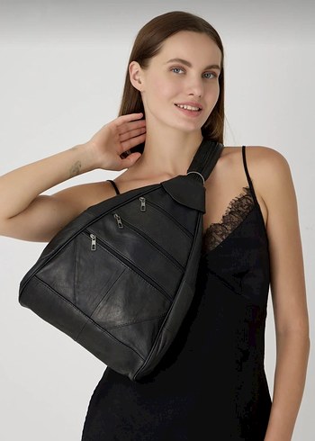 maymun modeli Deri Fermuarlı Kadın Sırt Çantası - Görsel 2