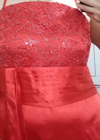 Kırmızı Uzun Drapeli Abiye Elbise - Görsel 4