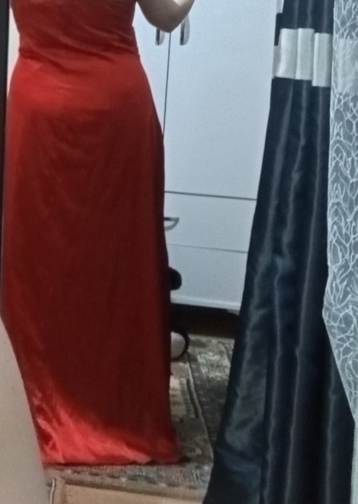 Kırmızı Uzun Drapeli Abiye Elbise - Görsel 2