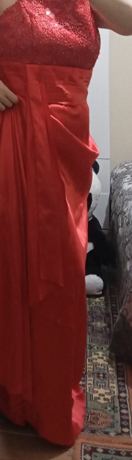 Kırmızı Uzun Drapeli Abiye Elbise - Görsel 3