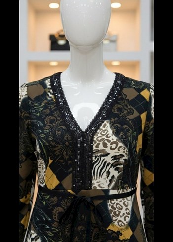 Kahverengi Desenli V Yaka Uzun Bohem Elbise - Görsel 2